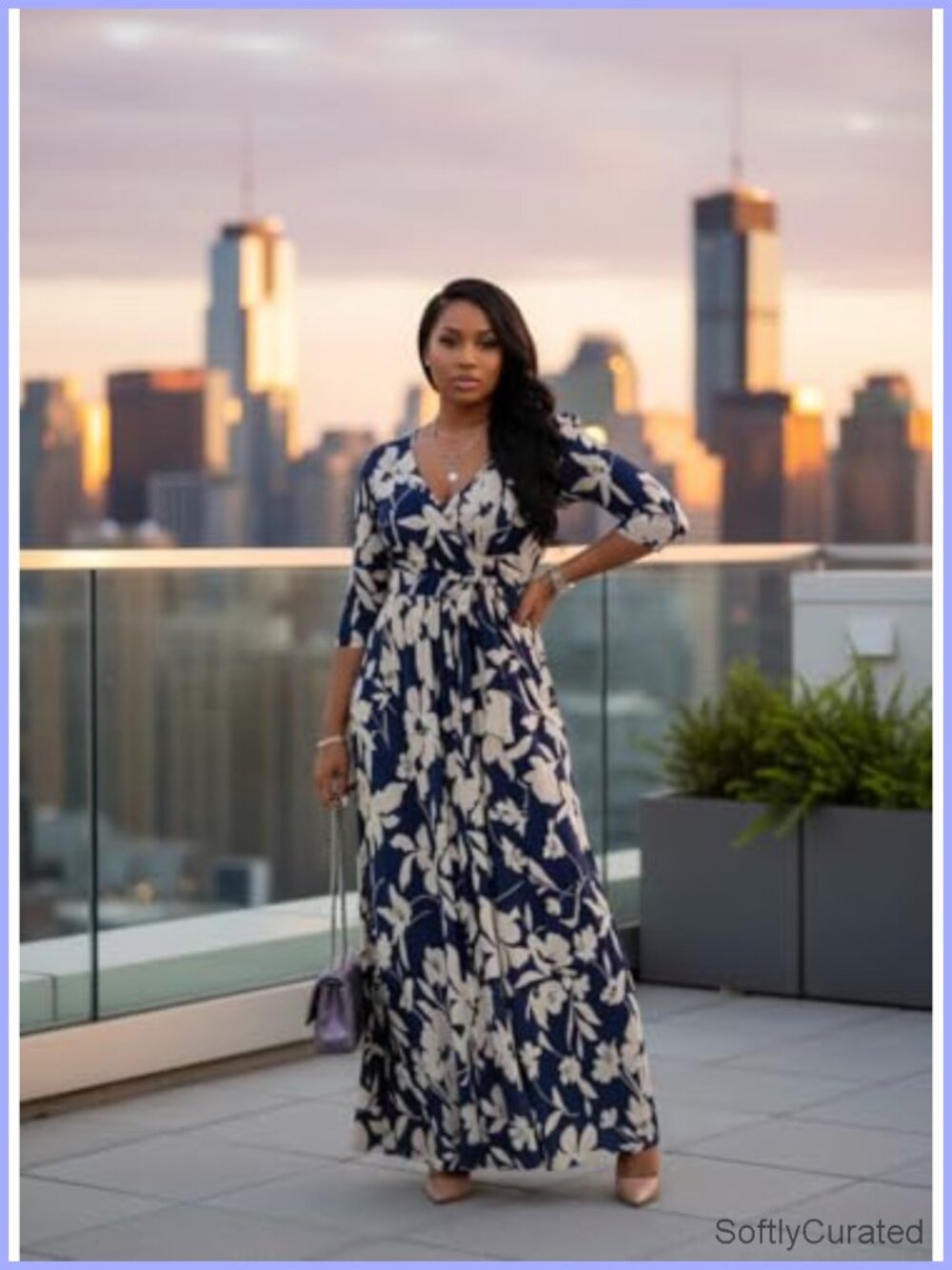 Floral Wrap Maxi Dress - Navy & Cream